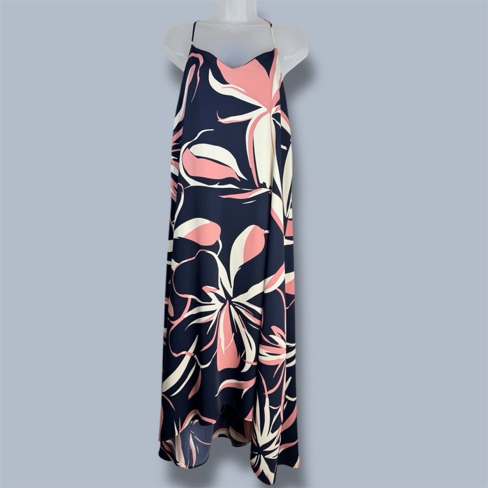 Cynthia Rowley Navy Pink Floral Spaghetti Strap Midi Dress Resortwear Size Large